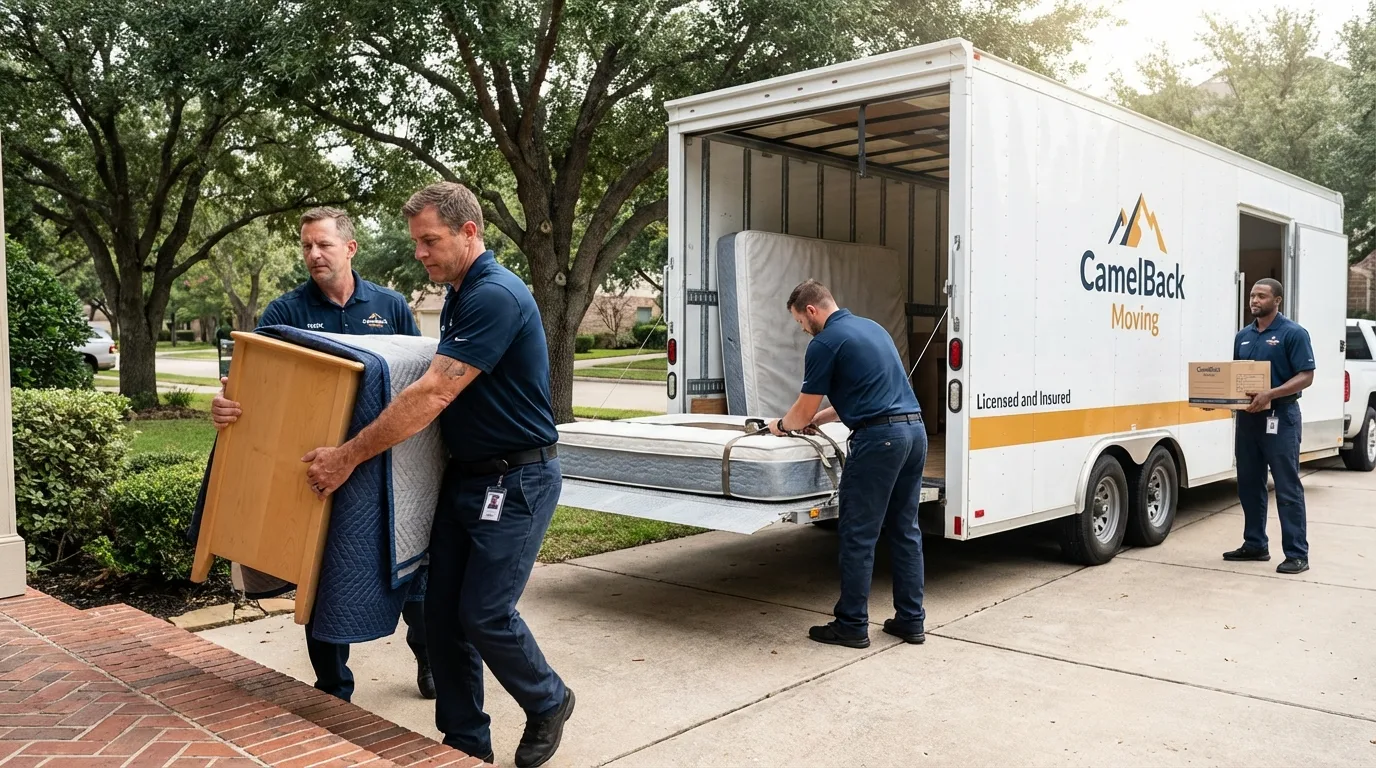 Crew loading residential truck for cross-state move from Bacliff, TX