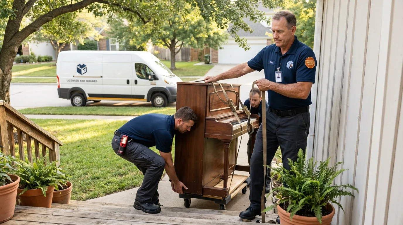 Licensed piano movers securing grand piano in Bacliff, TX
