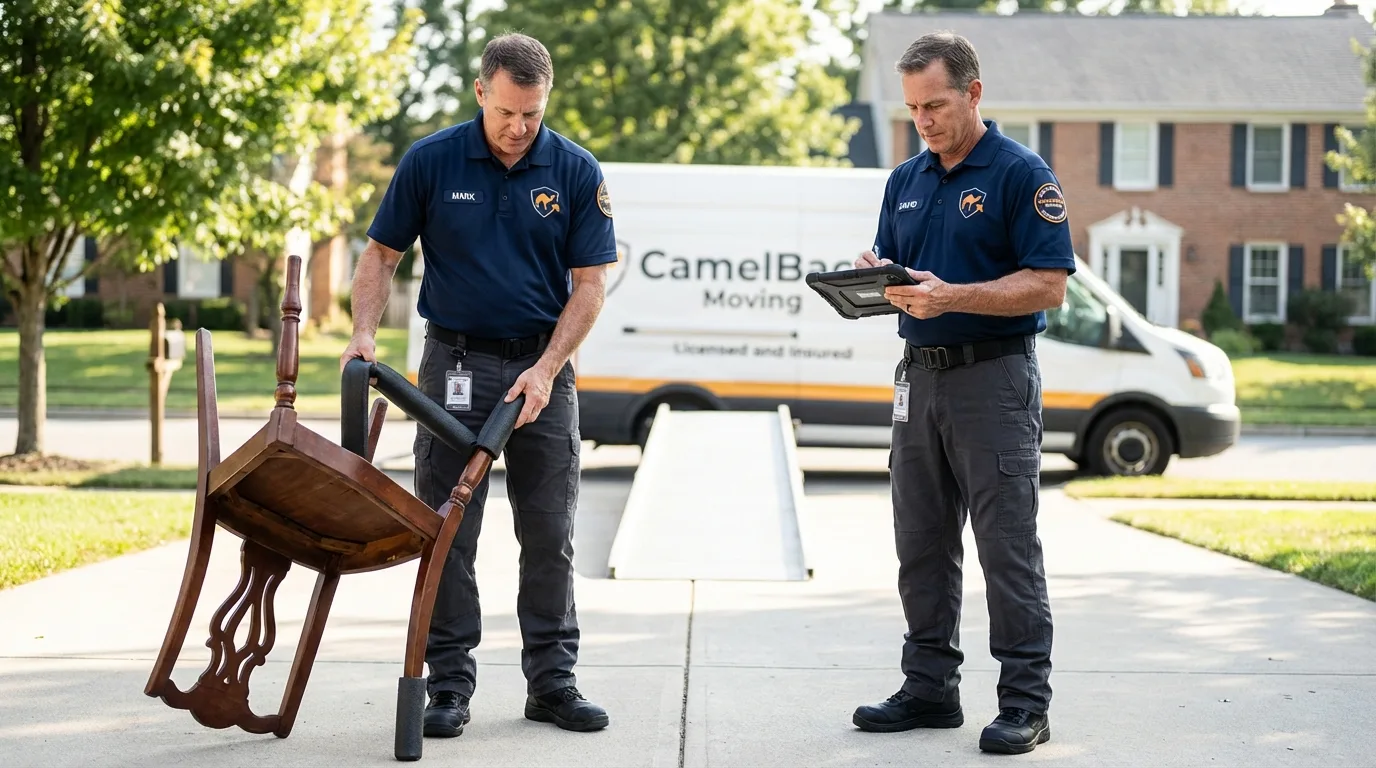 Movers inspecting furniture for damage prevention before loading in Bacliff, TX