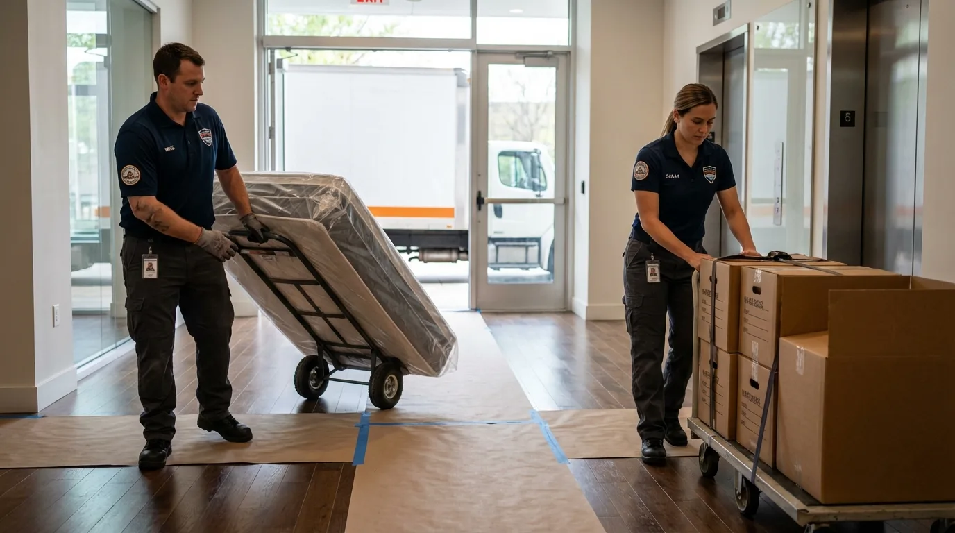 Professional apartment movers loading elevator in Bacliff, TX